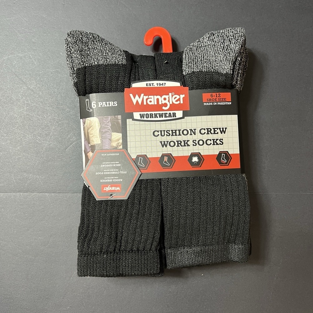 Wrangler Mens Cushion Crew Size 6-12 Black Work Sock 6 Pair Steel Toe New